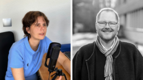 Zwei Bilder von einer Frau und einem Mann mit einem Mikrofon.