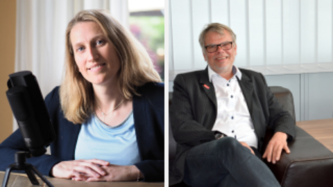 Zwei Bilder von einer Frau und einem Mann mit einem Mikrofon.