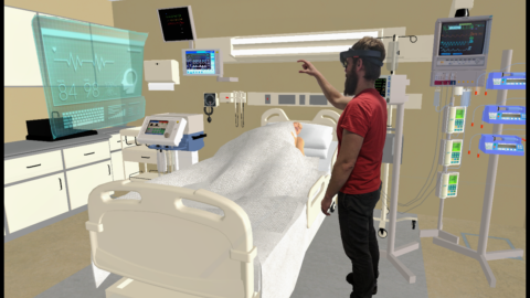 Mann mit VR-Brille in einem virtuellen Krankenhaus Zimmer