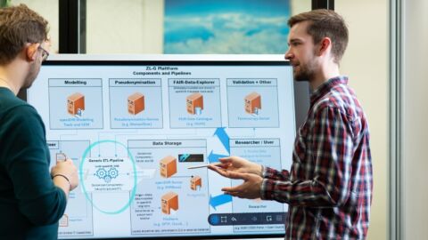 Zwei Männer stehen vor einem Bildschirm