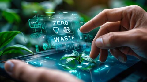 Person bedient ein Tablet aus dem eine Pflanze wächst