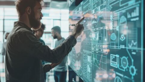 Mann steht vor einem modernen Bildschirm mit Touchfunktion